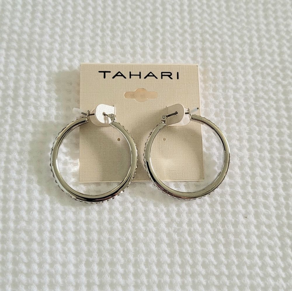 Tahari Cubic Zirconia💎 Lined Silver Hoop Earrings - Picture 10 of 16